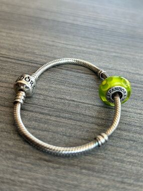 Pandora Sterling Silver Bracelet with Neon Lime Green Glass Bead Charm